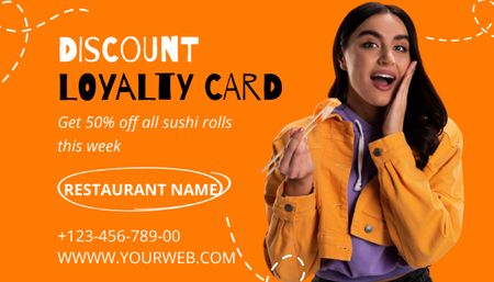 Sushi étterem kedvezményes hirdetése az Orange-on Business Card US tervezősablon