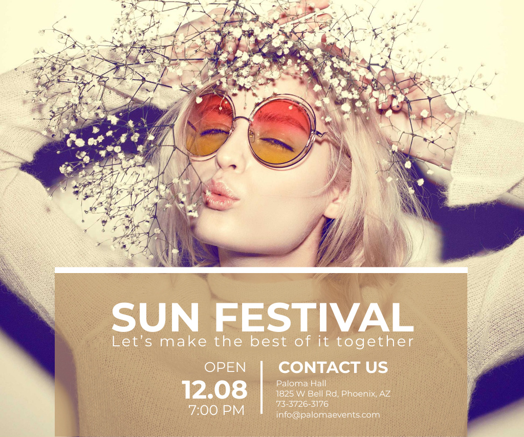 Platilla de diseño Announcement of Sun Festival with Young Woman in Wreath Large Rectangle