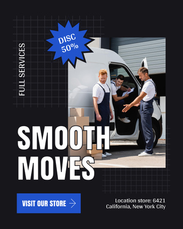 Modèle de visuel Offre de services de déménagement en douceur avec des travailleurs en voiture - Instagram Post Vertical
