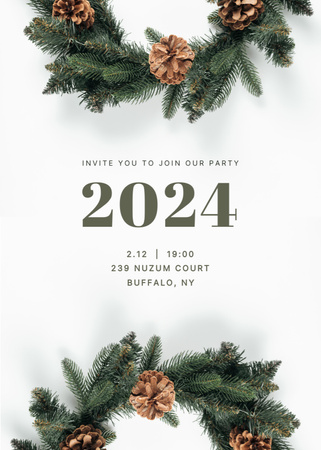 New Year Party Announcement with Cute Pine Wreaths Invitation tervezősablon