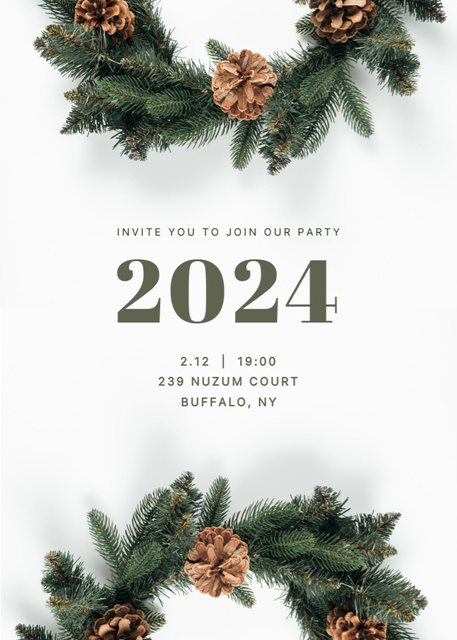 New Year Party Announcement with Cute Pine Wreaths Invitationデザインテンプレート