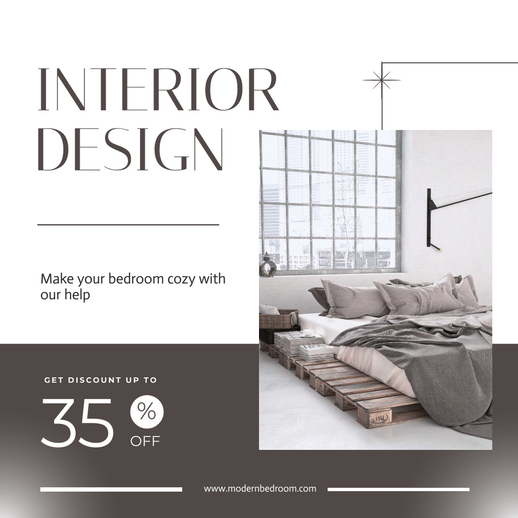Bedroom Design Discount Offer Grey Instagram AD tervezősablon