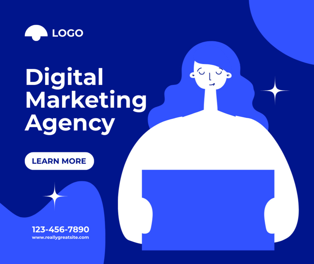 Digital Marketing Agency Ad with Woman is using Laptop Facebook – шаблон для дизайна