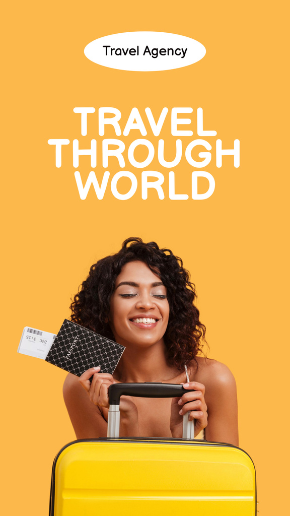 Ontwerpsjabloon van Mobile Presentation van Travel Tour Offer with Happy Woman