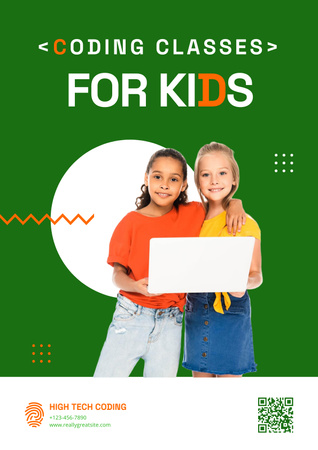 Koodauskurssit lapsille -mainos pienten tyttöjen kanssa kannettavan tietokoneen kanssa Poster Design Template