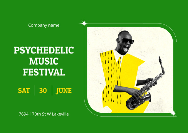 Psychedelic Music Festival Announcement with Musician on Green Poster B2 Horizontal Design Template