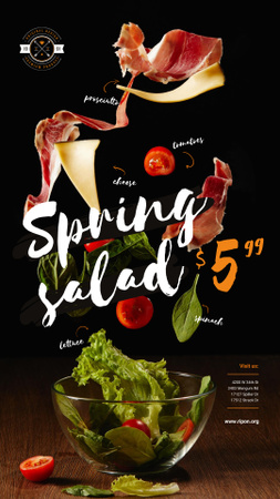 Designvorlage Spring Menu Offer with Salad Falling in Bowl für Instagram Story