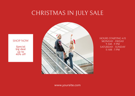Christmas Sale in July with Happy Couple in Shopping Mall Flyer A6 Horizontal Design Template