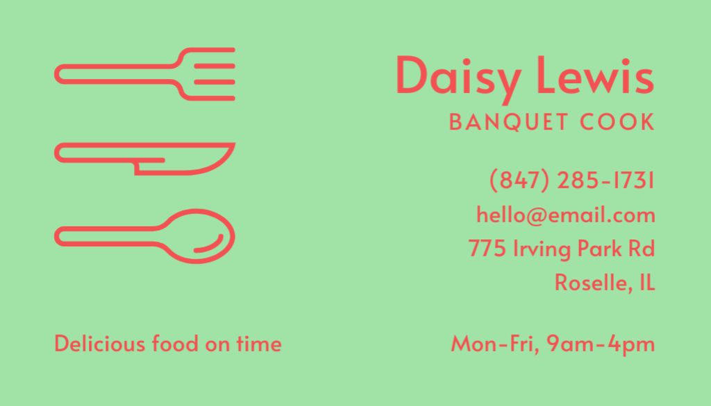 Designvorlage Banquet Cook Services Offer with Cutlery Illustration für Business Card US