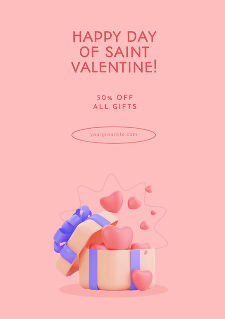 Valentine's Day Sale Ad with Hearts in Gift Box on Pink Postcard A5 Vertical Design Template