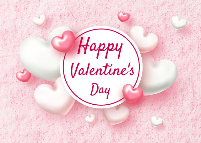 Happy Valentine's Day Greeting with Beautiful Pink and White Hearts Card Tasarım Şablonu