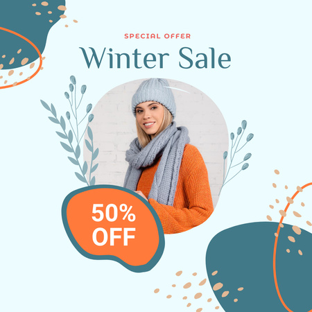Winter Sale Ad with Woman in Warm Hat Instagram Design Template