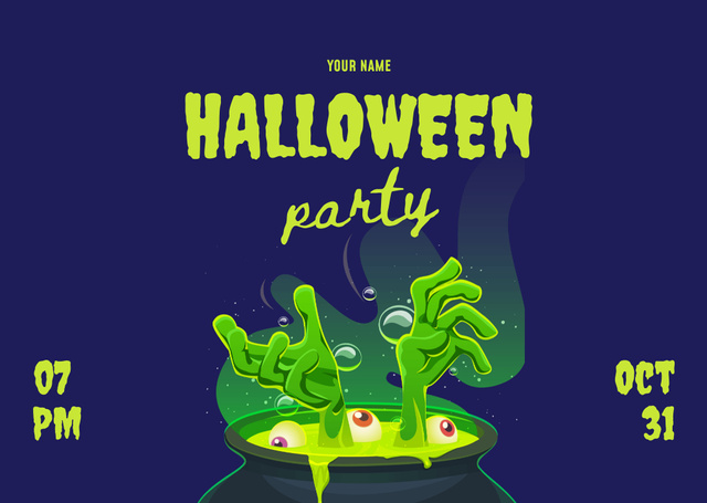 Mysterious Halloween Party With Potion in Cauldron Flyer A6 Horizontal tervezősablon
