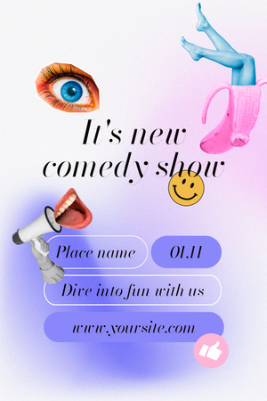 Anúncio de programa de comédia stand-up com adesivos hilariantes Pinterest Modelo de Design