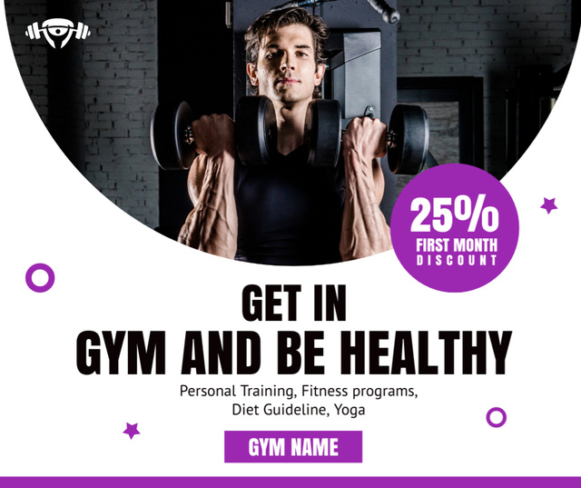 Designvorlage Handsome Man Lifting Dumbbells in Gym für Facebook