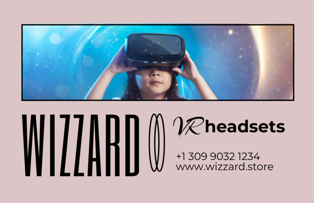 Designvorlage Virtual Reality Glasses Store with Girl in Headset für Business Card 85x55mm