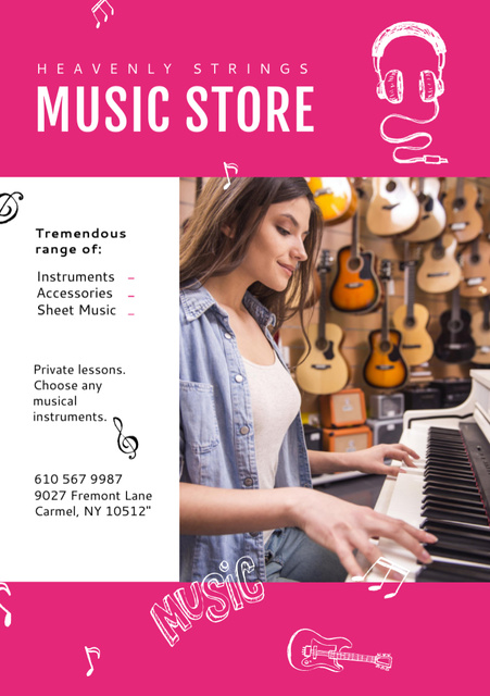 Template di design Music Store Ad with Woman playing Piano Flyer A5