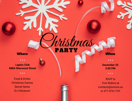 Christmas Party Announcement With Bottle And Decorations Invitation 13.9x10.7cm Horizontal Design Template