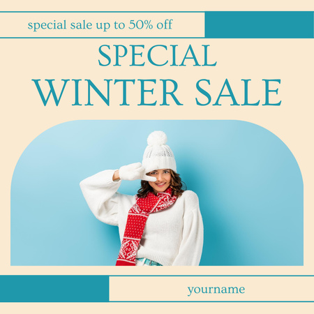 Zimní speciální výprodej oznámení s ženou v bílém svetru a klobouku Instagram AD Šablona návrhu