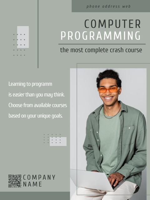Computer Programming Course Announcement with Smiling Guy Poster US Tasarım Şablonu