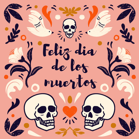 Dia de los Muertos Holiday with Floral Ornament and Skulls Animated Post Design Template