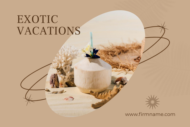 Template di design Exotic Vacations Offer With Coconut Cocktail on Beach Postcard 4x6in