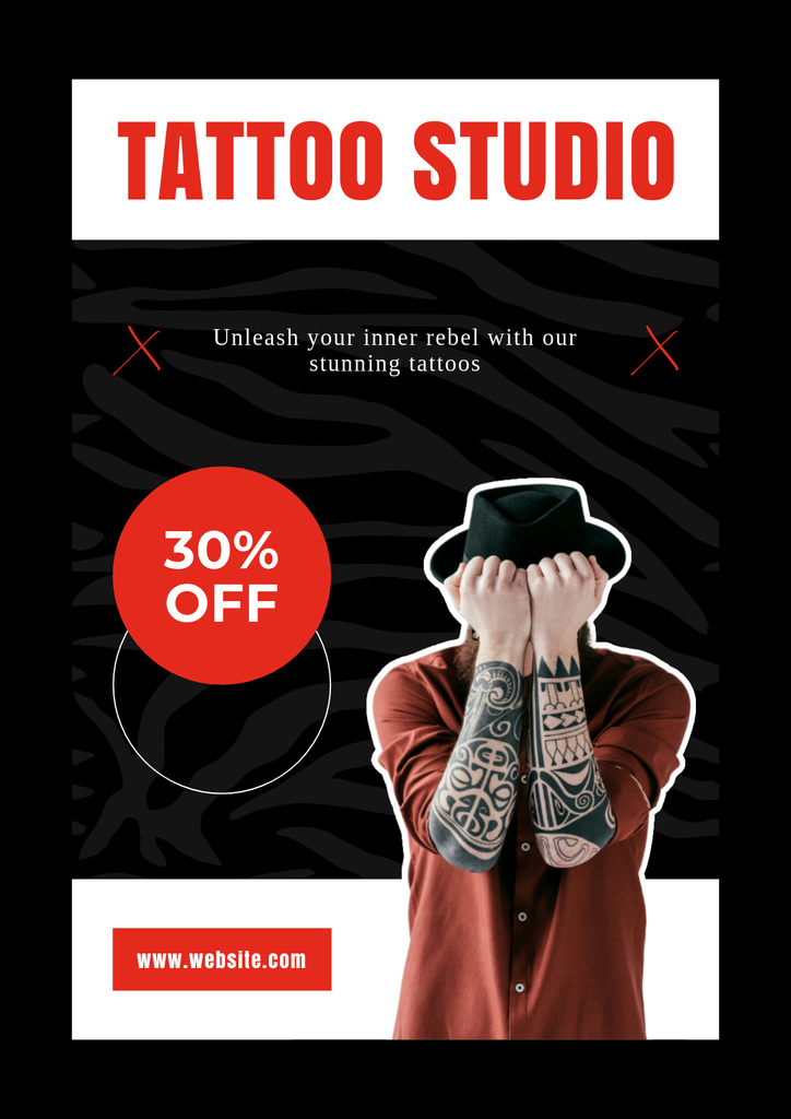 Artistic Tattoo Studio With Discount In Black Poster Design Template