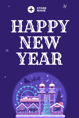 New Year Holiday Greeting with Festive Town in Purple Postcard 4x6in Vertical Design Template