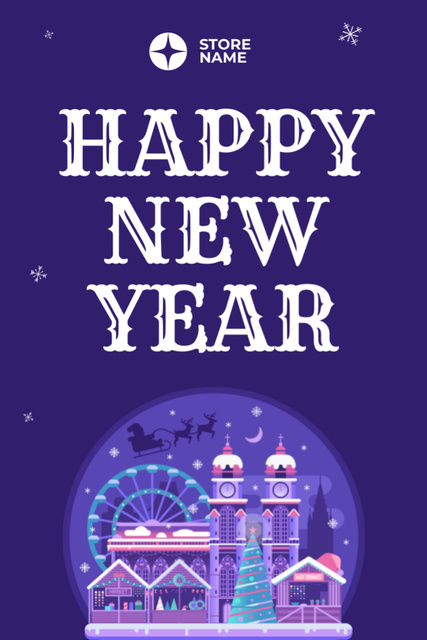 New Year Holiday Greeting with Festive Town in Purple Postcard 4x6in Vertical – шаблон для дизайна