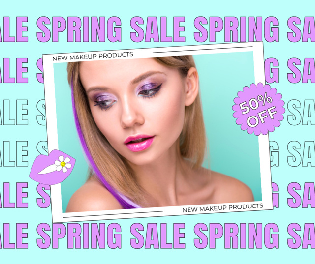 Spring Sale with Blonde Woman with Bright Makeup Facebook Design Template