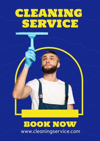 Cleaning Services offer with a Man in Uniform Poster Modelo de Design