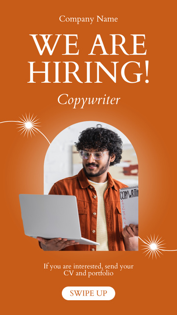 Copywriter Vacancy Announcement with Man by Laptop Instagram Story Modelo de Design