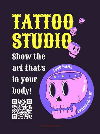 Designvorlage Illustrierter Schädel- und Tattoo-Studio-Service mit Rabatt für Poster US