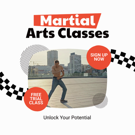 Designvorlage Anzeige für Kampfsportunterricht mit einem Mann, der auf dem Dach trainiert für Animated Post