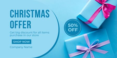 Karácsonyi ajándékok akciós hirdetmény kék Twitter tervezősablon