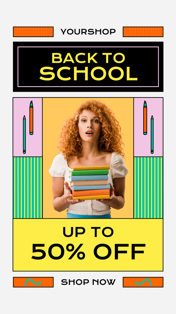Bright School Sale Announcement with Girl with Books Instagram Story Tasarım Şablonu