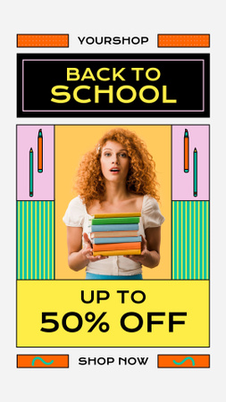 Fényes iskolai kiárusítási hirdetmény a lány könyvekkel Instagram Story tervezősablon