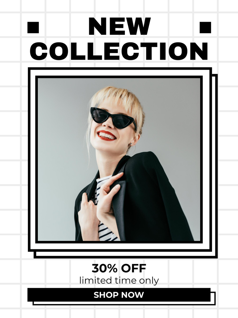 Template di design New Collection Announcement with Attractive Blonde in Sunglasses Poster US