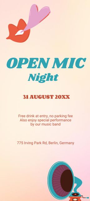 Open Mic Night Announcement with Lips Illustration Invitation 9.5x21cm tervezősablon