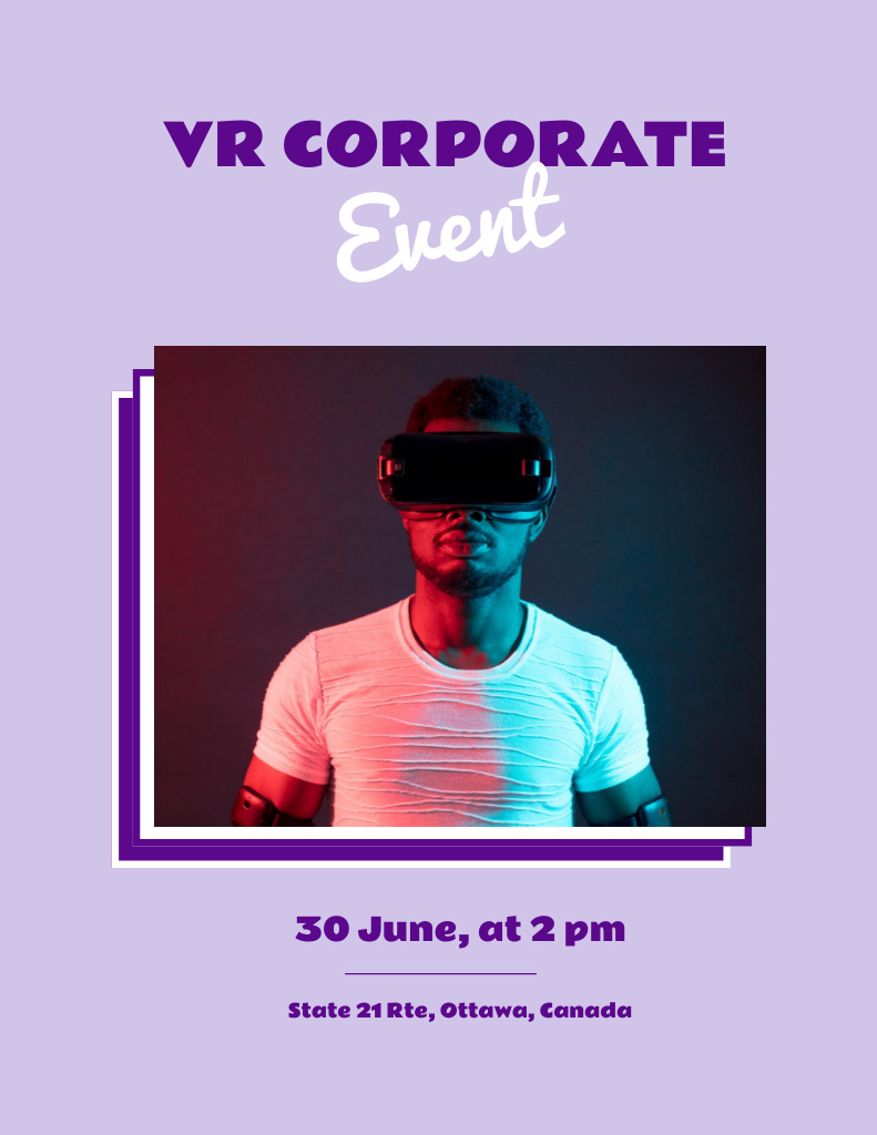 Plantilla de diseño de Corporate Virtual Event Announcement With VR Headset Poster 8.5x11in 