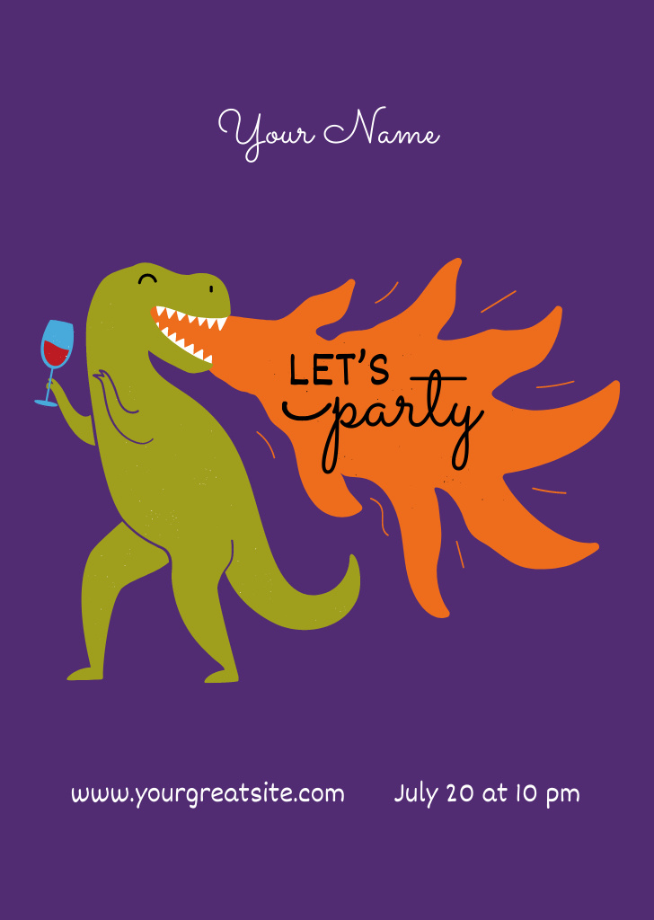 Party With Dinosaur Holding Wine Postcard A6 Vertical Šablona návrhu