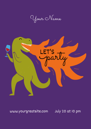 Party With Dinosaur Holding Wine Postcard A6 Vertical Design Template