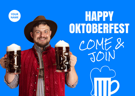 Oktoberfest Celebration Announcement with Smiling Man holding Beer Card Design Template