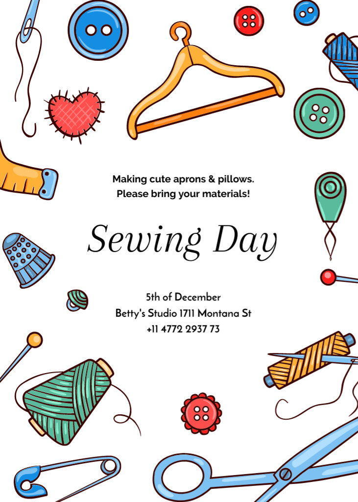 Designvorlage Sewing Day Event with Bright Needlework Tools für Flayer