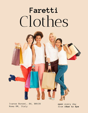買い物袋を持った女性が描かれたファッション店の広告 Poster 8.5x11inデザインテンプレート