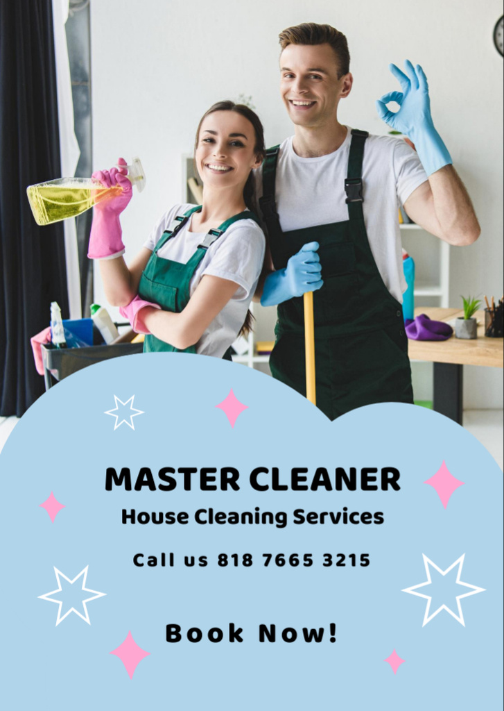 Cleaning Service Ad with Smiling Team Flyer A6デザインテンプレート