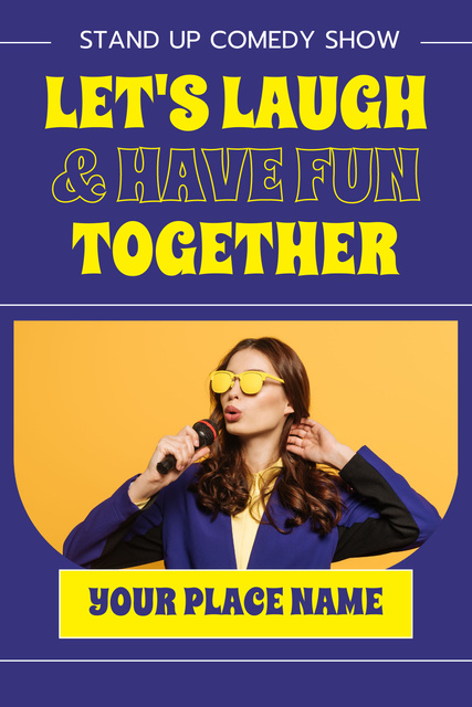 Announcement of Stand-up Show with Woman Performer in Sunglasses Pinterest Modelo de Design