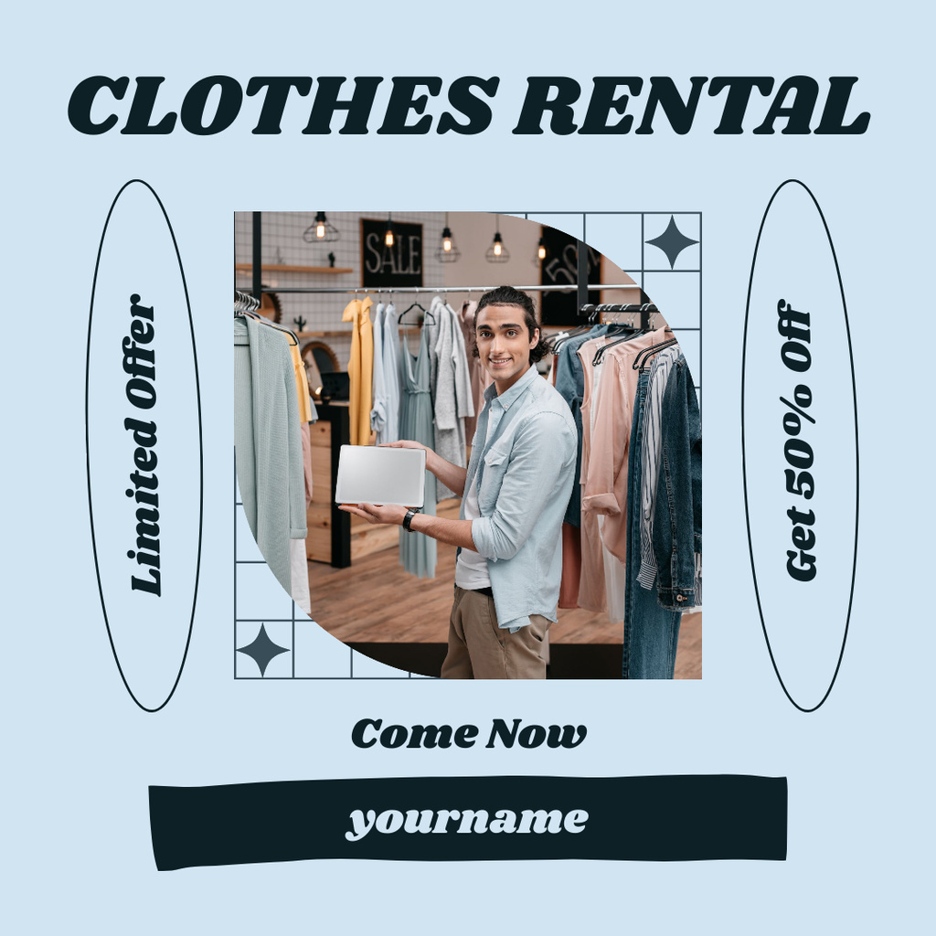 Rental clothes service shop blue Instagram AD tervezősablon