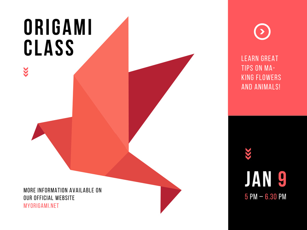 Origami Classes Announcement with Dove on White Poster 18x24in Horizontal Design Template