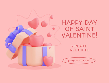 Plantilla de diseño de Valentine's Day Sale Announcement with Cute Hearts in Gift Box Postcard 4.2x5.5in 